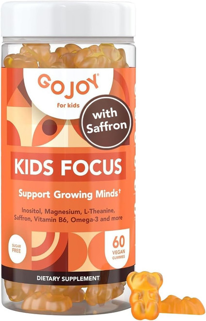 GOJOY NATURALS Kids Focus Gummies – Saffron, Magnesium Glycinate, L-Theanine & Inositol Supplement for Kids & Teens – Focus, Attention & Calm – Vegan, Sugar-Free, Non-GMO