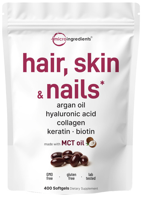 Hair Skin and Nails Vitamins for Women & Men | 400 Softgels with MCT Oil | 21-in-1 Argan Oil, Hyaluronic Acid, Collagen, Keratin & Biotin Supplement | 133-Day Supply | Non-GMO, Gluten Free