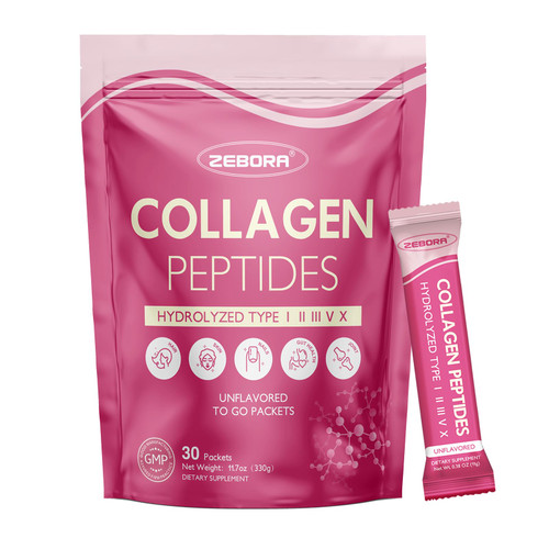 ZEBORA Multi Collagen Peptides Powder Packets with Hyaluronic Acid, Biotin, MCT - Hydrolyzed Collagen with 5 Billion Probiotics - Support Skin Hair Nail & Gut Health - 30 Stick Packs