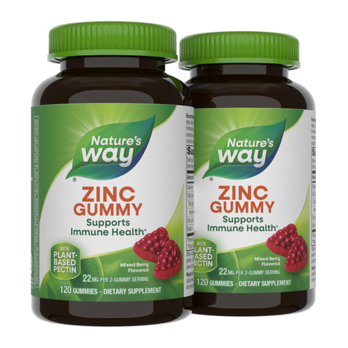 Nature's Way Zinc Gummies, Immune Support Gummy with 100% Daily Value of Zinc per 1-Gummy Serving*, Adults & Kids 9+, Gluten Free, Plant-Based Pectin, Mixed Berry Flavored, 120 Gummies (Set of 2)