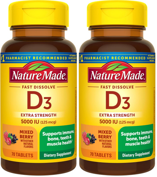 Nature Made Vitamin D3 5000 IU (125 mcg) Extra Strength, Vitamin D Supplement for Immune Support, 70 Sugar Free Fast Dissolve Tablets, 70 Day Supply, (Pack of 2)