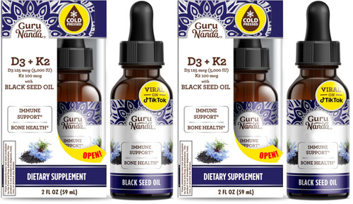 GuruNanda Black Seed Oil, Cold-Pressed Nigella Sativa - Rich in Vitamin D3 5000 Units, K2 & E, High Thymoquinone | Potent Antioxidant for Immune Support, Non-GMO, 2 Fl.oz,(Pack of 2)