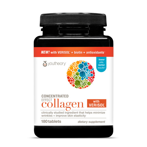 Youtheory Concentrated Effect Collagen with Verisol - Collagen Peptides with Vitamins C & B - Supports Hair, Nails, Bones & Joints* - 180 Tablets (60-Day Supply)