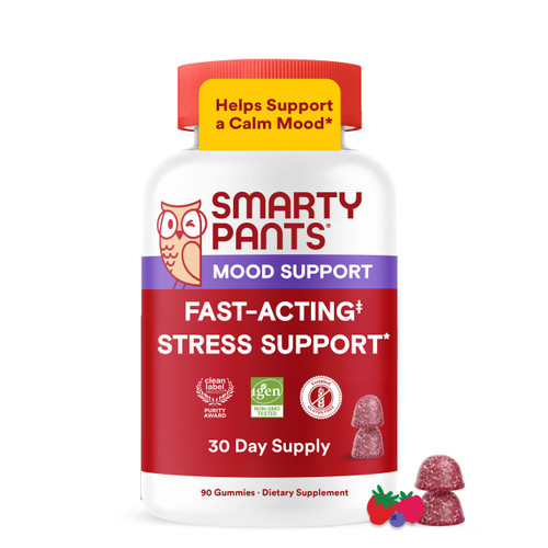 SmartyPants Adult Stress Support Gummies: Fast-Acting Calm & Mood Support with L-Theanine 200mg & Ashwagandha (Sensoril), Non-Drowsy, Mixed Berry Flavor, 60 Count (30 Day Supply)