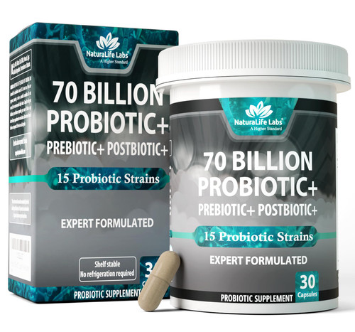 NaturaLife Labs Probiotics 70 Billion CFU – 15 Strains + Organic Prebiotic & Postbiotic 3-in-1 – Gut & Digestive Support – Supports Occasional Bloating – Women & Men – Vegan & Shelf Stable – 30 Caps