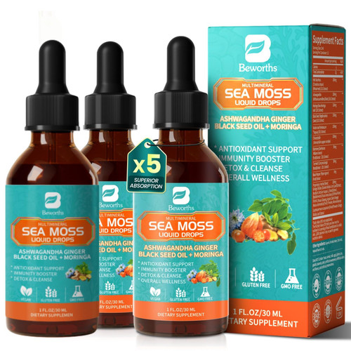 3Pack Sea Moss Drops - Irish Sea Moss Chlorophyll Liquid with Black Seed Oil, Ashwagandha, Moringa, Turmeric, Elderberry, Mullein, Seamoss Gel Supplement for Liver Cleaner, Detox & Gut, Immune Support