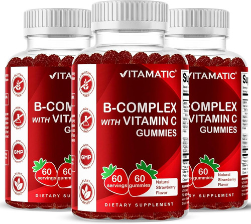 Vitamatic Vitamin B Complex Gummies with Vitamin C & Inositol - Natural Strawberry Flavor - 60 Gummies (3 Bottles)