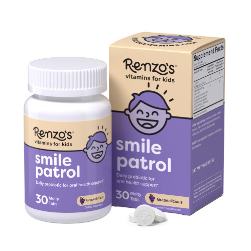 Renzo's Smile Patrol Dissolvable Probiotics for Kids, Sugar-Free - Kids Oral Health Supplement with 4 Probiotic Strains & L-Arginine for Healthy Teeth & Gums - 30 Melty Tabs, Grape Flavor