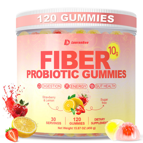 10g Fiber Gummies for Adults with Probiotics, Sugar Free Fiber Supplement with Organic Super Greens & Digestive Enzymes, Supports Gut Health, Energy & Regularity, Vegan, 120 Count