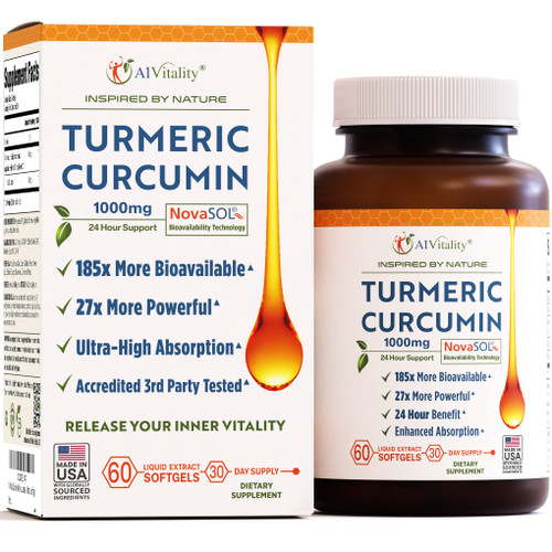 A1Vitality NovaSOL Turmeric Curcumin 1000mg – Clinically Proven 185x Higher Absorption – Promotes Joint Comfort, Mobility & Overall Wellness – Non-GMO, Doctor Formulated, 60 Softgels.