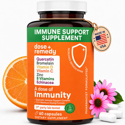 A Dose of Immunity - 7 in 1 Quercetin 500mg Supplement with Bromelain, Zinc, Vitamin C, Vitamin D & Vitamin B Complex Echinacea Immune Support Booster Supplements - 60 Count