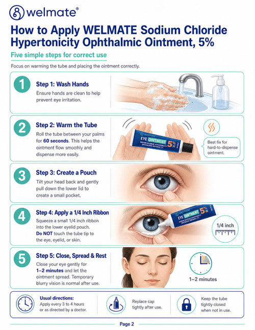 WELMATE Eye Ointment (3 Tubes) - Sodium Chloride Hypertonicity Ophthalmic Ointment 5% - Corneal Edema Relief - Sterile, Non-Greasy - Lanolin & Mineral Oil - 1/8 oz (3.5g) per Tube