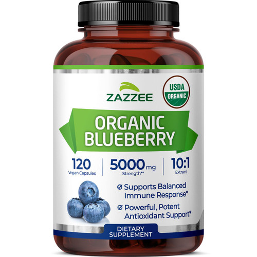 Zazzee USDA Organic Blueberry 10:1 Extract, 120 Vegan Capsules, 4 Month Supply, Whole Fruit, Vaccinium Angustifolium, Antioxidant & Cellular Health Support, Herbal Supplement, Non-GMO, Made in the USA