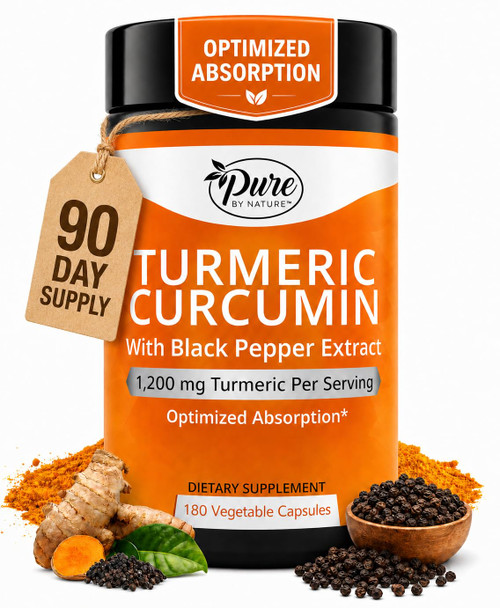 Pure By Nature Turmeric with Black Pepper Extract (90 Day Supply) 95% Curcuminoids, 1200 mg per Serving, Turmeric Curcumin Supplement Organic, High Absorption Antioxidant Support (180 Count)