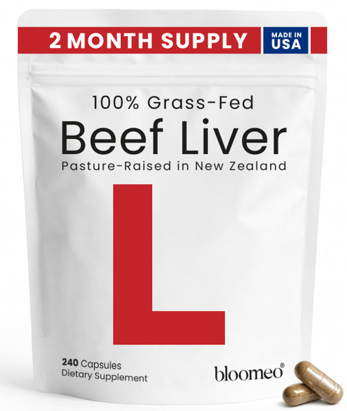 Bloomeo Grass-Fed Beef Liver Capsules | 240 Count, 750mg Each | Whole Food Source of 30+ Bioavailable Nutrients: Vitamin A,B12,Folate,Heme Iron,Zinc for Energy, Immunity, Skin | USA-Made & Lab Tested