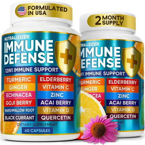 12 in 1 Immune Support Supplement - Immune Defense Vitamins - Elderberry, Vitamin C with Zinc, Vitamin D3, Echinacea, Turmeric, Ginger - Immunity Defense - Natural Blend Health Booster - 120 Capsules