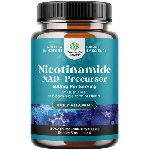 Vitamin B3 Niacinamide 500mg Capsules - Mitochondrial Energy and Potent Skin Supplement - AKA Vitamin B3 Niacin Flush Free and Nicotinamide 500mg - Flush Free Niacin Supplement - 180 Count