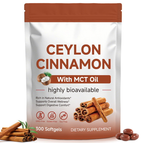 JINNAGLTU Ceylon Cinnamon Softgels 600mg with MCT Oil - 300 Softgels - High Bioavailability Support for Digestive Comfort & Overall Wellness - Non-GMO, Gluten-Free & Soy-Free Dietary Supplement