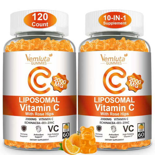 Vemluta 2 Pack Liposomal Vitamin C 2000mg Gummies Complex Rose Hips with D3 5000IU,Elderberry Echinacea,Iron & Zinc for Adults Kids Immune,Antioxidant & Collagen Support,Orange Flavor, 120Count