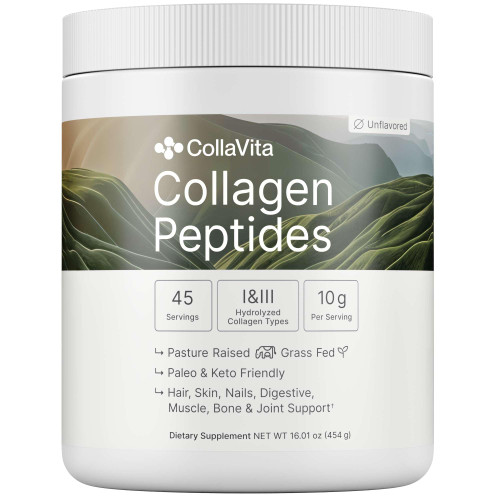 Colla Vita Collagen Peptides Powder Grass-Fed Pasture-Raised Hydrolyzed Collagen Powder, Type I & III Hair, Nails, Skin and Joints, Non-GMO, Paleo & Keto, Unflavored, 16 Fl oz. 45 Servings