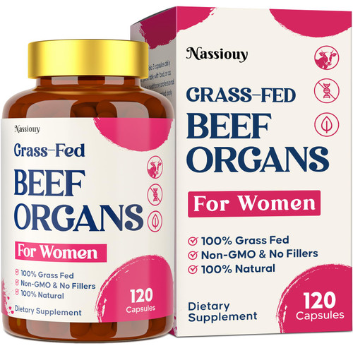 12-In-1 Beef Organ Supplement for Women - Beef Liver, Uterus, Kidney, Heart, Pancreas, 5 Vitamins & 2 Herbs, Hormone Balance, Menstruation, Energy, Immune - 100% Grass Fed, Pasture Raise - 120 Caps