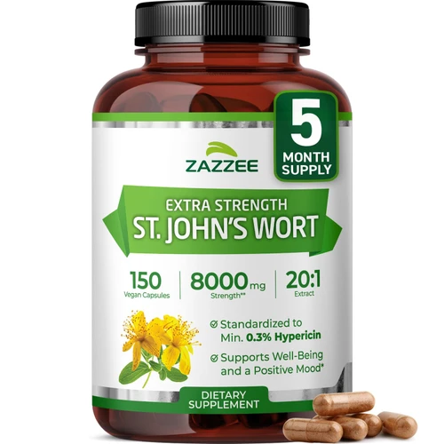Zazzee Extra Strength St. John’s Wort 20:1 Extract, 0.3% Hypericin, 150 Vegan Capsules, 5 Month Supply, Hypericum Perforatum, Mood & Emotional Wellness Support, Herbal Supplement, Non-GMO, Made in USA
