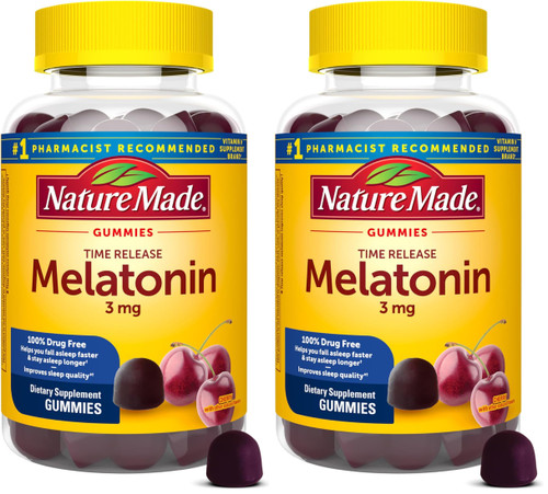 Nature Made Time Release Melatonin 3mg Gummies,100% Drug Free Sleep Aid for Adults,60 Melatonin Gummies,60 Day Supply,(Pack of 2)