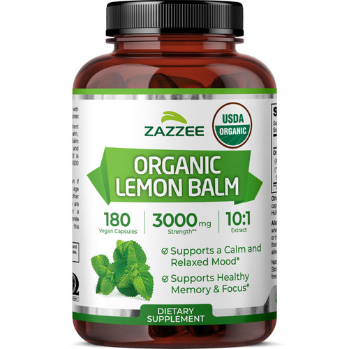 Zazzee USDA Organic Lemon Balm 10:1 Extract, 180 Capsules, 6 Month Supply