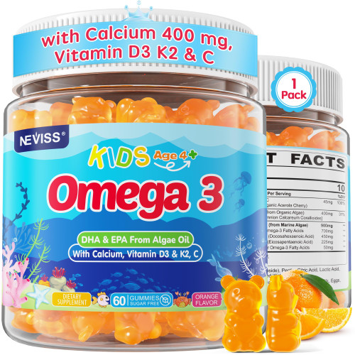 Kids Omega 3 Gummies + Calcium 400mg + Vitamin D3 K2 + C, Omega-3 DHA & EPA Supplement - No Fish Burps, No Sugar - Kids & Teens Omega 3 + Multivitamin Gummy for Strong Bones, Brain, Immune, Eye, 60Cts