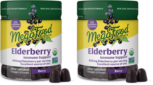 MegaFood Elderberry Immune Support Supplement - Vegan Elderberry Gummies for Adults - Made with Zinc and Real Food - Pectin-Based, Gluten-Free, USDA Organic - 54 Gummies, 27 Servings (Pack of 2)