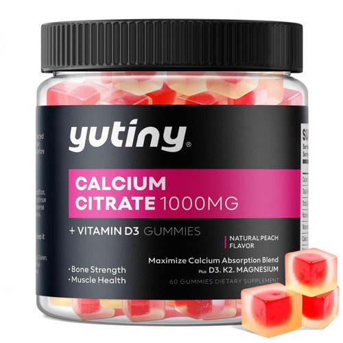 Yutiny Calcium Citrate Filled Gummies, Extra Absorption Calcium Citrate 1000mg with Vitamin D3, K2 & Magnesium, Chewable Supplement for Bone, Muscle Health, 60 Count