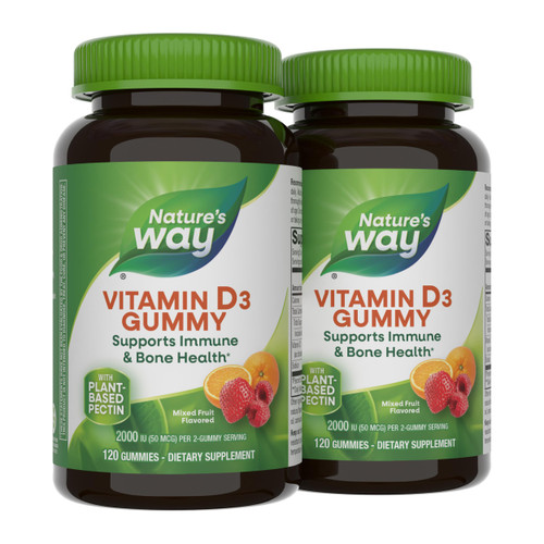 Nature's Way Vitamin D3 Gummies, Supports Immune Function and Bone Health*, 2000 IU (50 mcg) per 2-Gummy Serving, Mixed Fruit Flavored, Gluten Free, Plant-Based Pectin, Vegetarian, 120 Count (2 Pack)