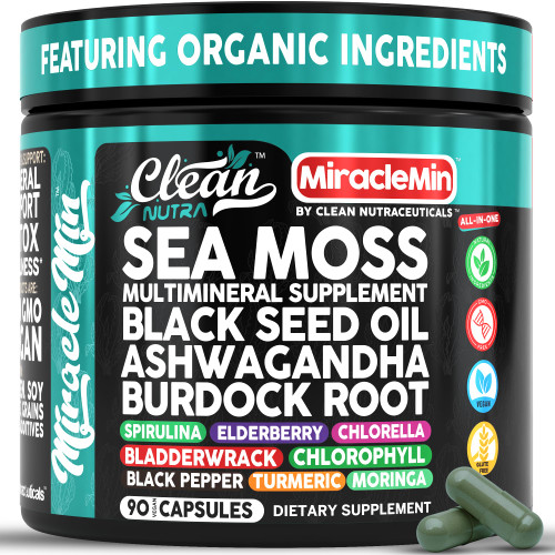 Clean Nutra Organic Sea Moss Capsules with Ashwagandha, Black Seed Oil, Burdock Root, Bladderwrack, Moringa, Chlorella, Spirulina, Turmeric, Elderberry, Amla  90 Vegan Capsules  MiracleMin