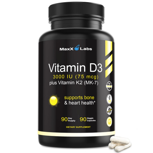 Vitamin D3 K2 3000 IU with Vitamin K as MK-7 from Natto, Non-GMO, 90 Ct