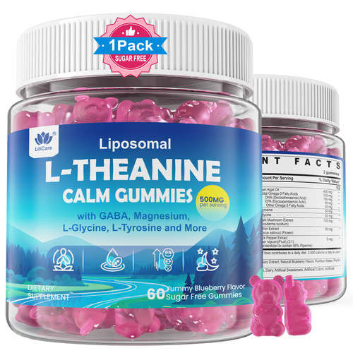 Liposomal L-Theanine Gummies 500mg, Melatonin-Free Calm & Relaxation Gummies with Magnesium Glycinate, 5-HTP, Mushroom, Vitamins D3, B12, Ashwagandha, for Brain Calm, Relax, Mood, Zzz, Vegan 60 Cts