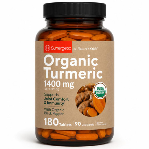Sunergetic USDA Certified Organic Turmeric Supplement – Includes Organic Turmeric & Organic Black Pepper – 1,400mg of Turmeric per Serving - 180 Count (Pack of 1)