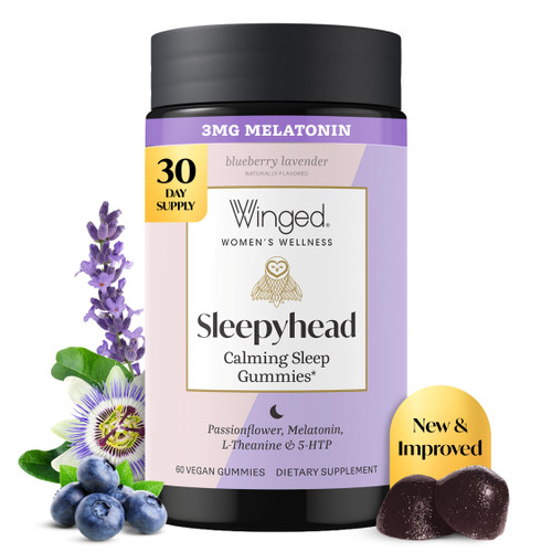 Winged Wellness Sleepyhead Natural Sleep Gummies for Women - Prime Sleep Support Aid for Adults with 3mg Melatonin, L-Theanine, 5-HTP - Blueberry Lavender Flavored - 30 Servings