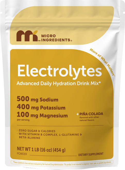 Micro Ingredients Electrolytes Powder, 1 lb | 47 Servings | Sugar Free Workout Hydration | Potassium, Sodium, L-Glutamine, Beta-Alanine, & More | Natural Coconut Water | Pineapple Piña Colada Flavor
