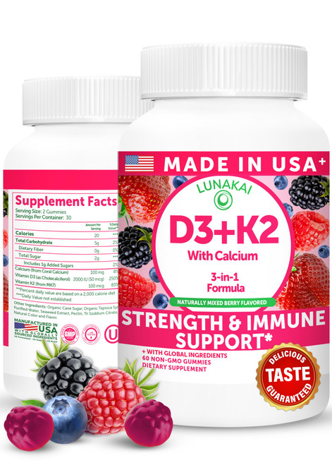 Lunakai USA Made Vitamin D3 K2 Gummies with Calcium – 3-in-1 Daily Vegan Supplement for Bone & Immune Support for Women, Men & Kids, 60ct