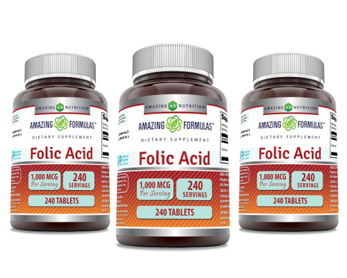 Amazing Formulas Folic Acid 1000 mcg (1 mg) Tablets Supplement | Vitamin B9 | Non-GMO | Gluten Free | Made in USA (240 Count | 3 Pack)