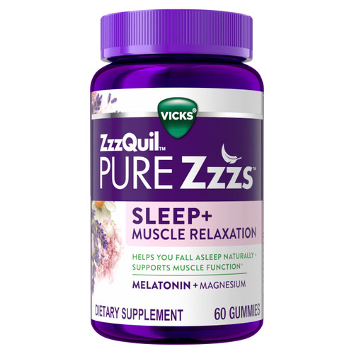 ZzzQuil Pure Zzzs Muscle Relaxation Melatonin Sleep Aid Gummies, Supports Muscle Function, Helps You Fall Asleep Naturally, Fast, Melatonin + Magnesium, No Next-Day Grogginess, Drug-Free, 60ct