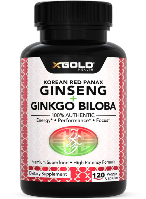 X Gold Health Korean Red Panax Ginseng 1200mg + Ginkgo Biloba, Energy, Memory, Focus, Mental Clarity & Cognitive Support, Brain Health Supplement for Men & Women, Non-GMO, Vegan, 120 Capsules