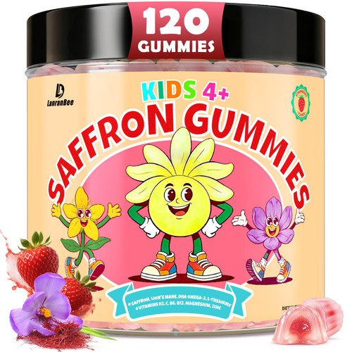 Saffron Gummies for Kids & Adults – Calm Focus Mood Support Gummies for Kids 4+ with Magnesium Glycinate, Vegan Omega-3 DHA EPA, L-Theanine, Lion’s Mane, Brain & Immune Support, Sugar Free,120 Ct