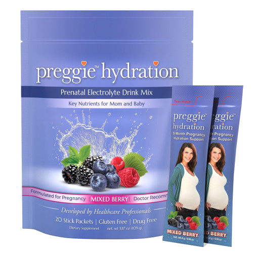 Three Lollies Preggie Hydration Packets for Pregnant Women, Electrolyte Drink Mix with Vitamin B6, Pregnancy Hydration Powder for Moms-to-Be, Mixed Berry Flavor, 20 Single-Serve Packets