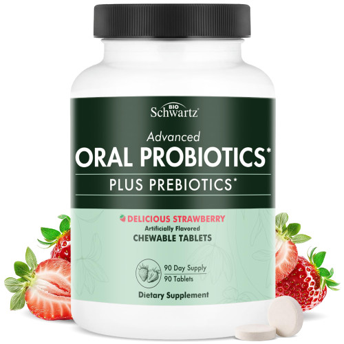 Oral Probiotics Supplement with Prebiotics - Supports Healthy Teeth Gums Mouth and Fresh Odorless Breath for Adults - Strawberry Flavored Chewable Dental Probiotic (90 Tablets, 90 Day Supply)