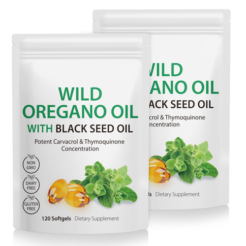 2 Pack Oil of Oregano Softgels, 120 Count 2 in 1 6000mg Oil of Oregano with Black Seed Oil 200mg, Plant Based, Organic Oregano Oil Supplement Capsules, Non-GMO & Immune Support