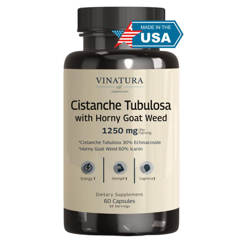 VINATURA Cistanche with Horny Goat Weed 60% Icariin - 1250mg per Serving, Cistanche Tubulosa, Cistanche Supplement Men, Energy, Strength Cognitive - 60 Capsules 30 Servings