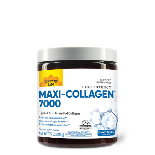 Country Life Maxi-Collagen 7000 Powder - Verisol Bioactive Collagen Peptides, Vitamin C, A & Biotin, 4,500 mg Types I & III Grass-Fed Collagen - Supports Skin, Hair, Nails & Joint Health, 7.5 oz