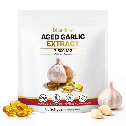 isLandear Aged Garlic Extract - 7500mg Odorless, 300 Softgels, Aged Garlic Supplement for Heart & Immune Support, 2 Years Matured, Non-GMO, Vegan Friendly, All-Natural