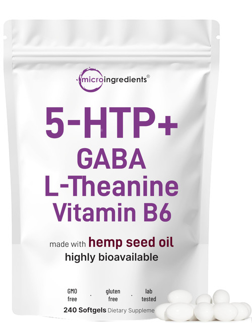 Micro Ingredients 5-HTP 200mg, 240 Softgels | Extra Strength 5-Hydroxytryptophan Complex with GABA, L-Theanine, Vitamin B6 | Highly Bioavailable with Hemp Seed Oil Carrier | Non-GMO